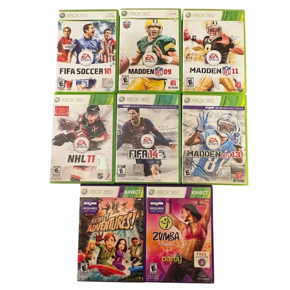Xbox 360 Sports Game Lot of 8 Madden FIFA NHL Kinect Adventures Zumba Fitness‎